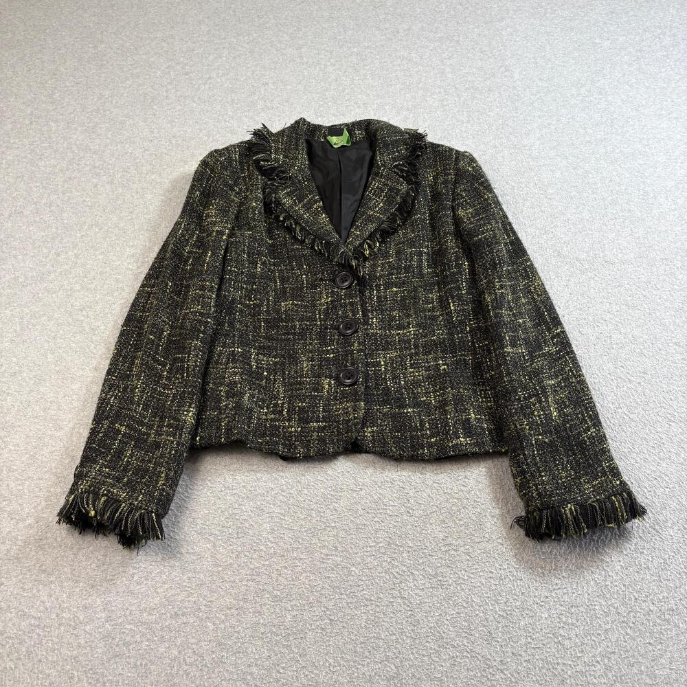 Nomadic Trader Blazer Women Medium Black Yellow Jacket Boucle Tweed Fringe Boho